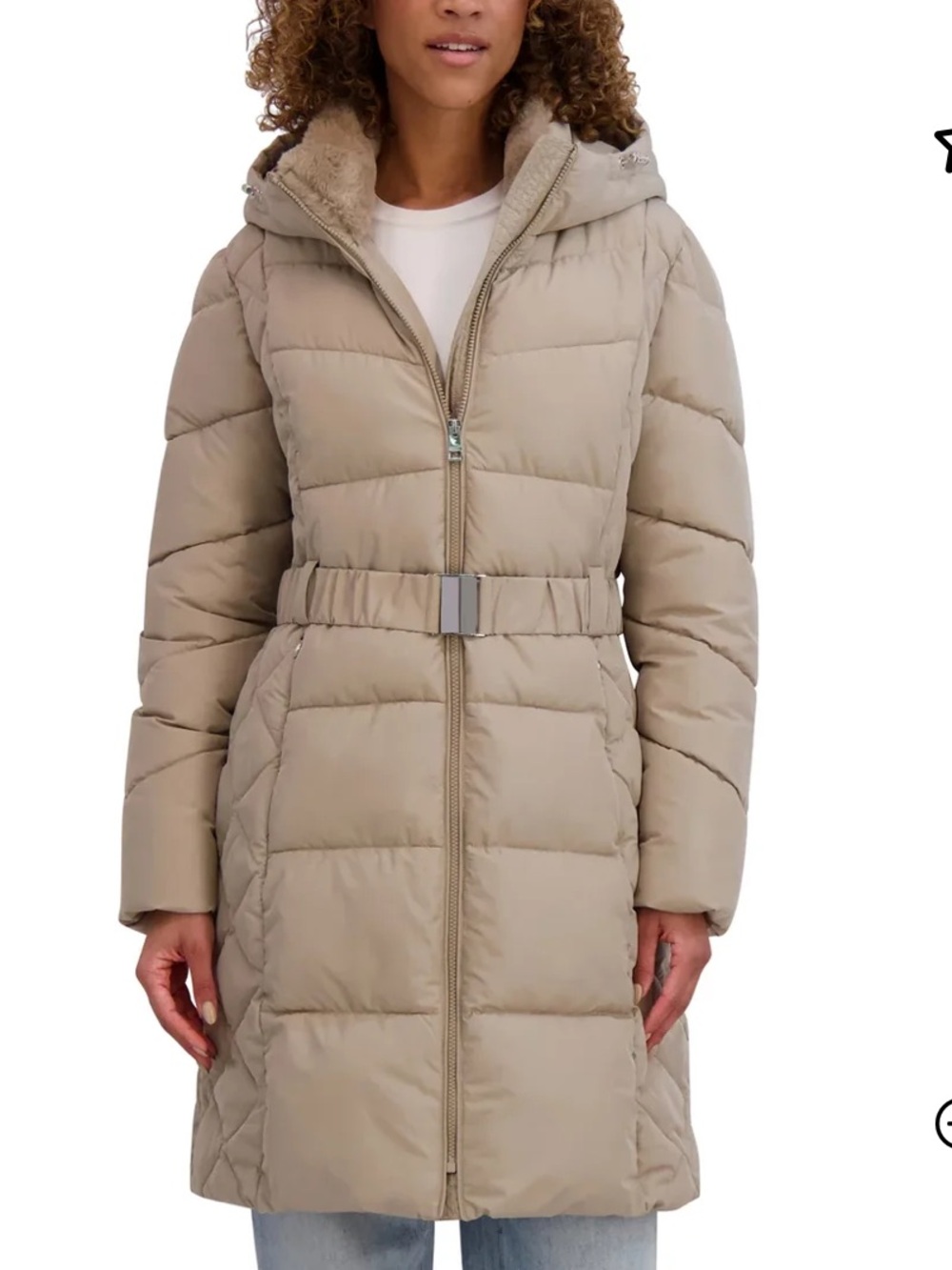 Andrew Marc Long Quilted Puffer Coat with Faux Fur Lined Collar Taupe XL